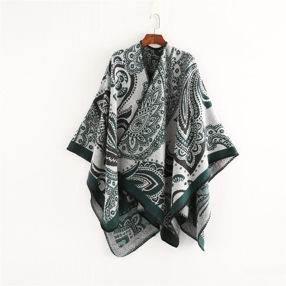 Dam Oversize Ruana Wrap med Paisley Jacquard och Decorative Stitch Edge