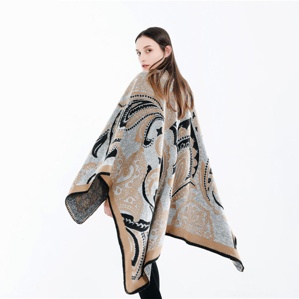 Dam Oversize Ruana Wrap med Paisley Jacquard och Decorative Stitch Edge