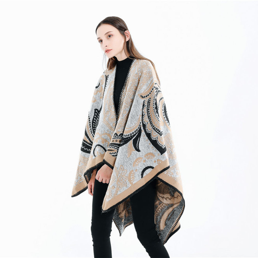 Dam Oversize Ruana Wrap med Paisley Jacquard och Decorative Stitch Edge