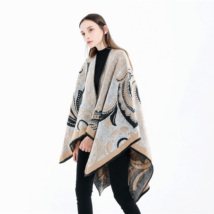 Dam Oversize Ruana Wrap med Paisley Jacquard och Decorative Stitch Edge