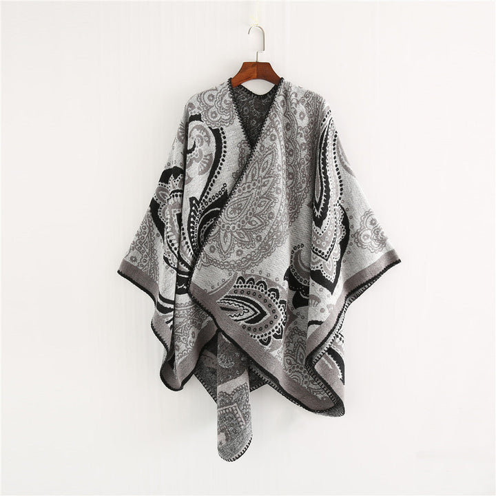 Dam Oversize Ruana Wrap med Paisley Jacquard och Decorative Stitch Edge
