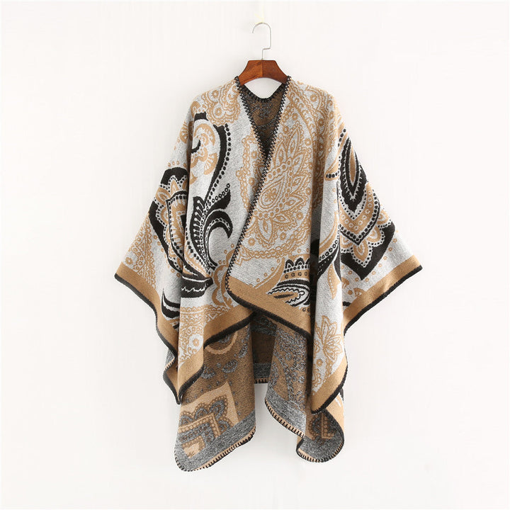 Dam Oversize Ruana Wrap med Paisley Jacquard och Decorative Stitch Edge