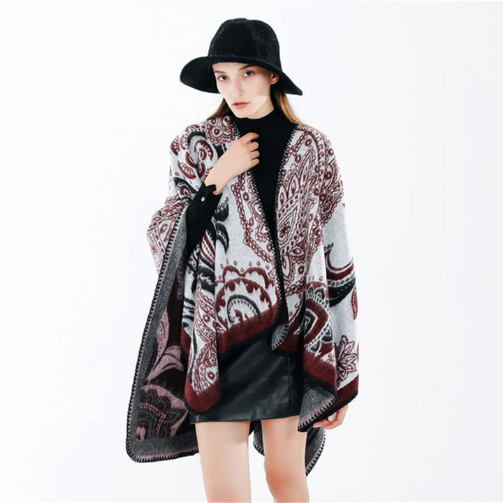 Dam Oversize Ruana Wrap med Paisley Jacquard och Decorative Stitch Edge