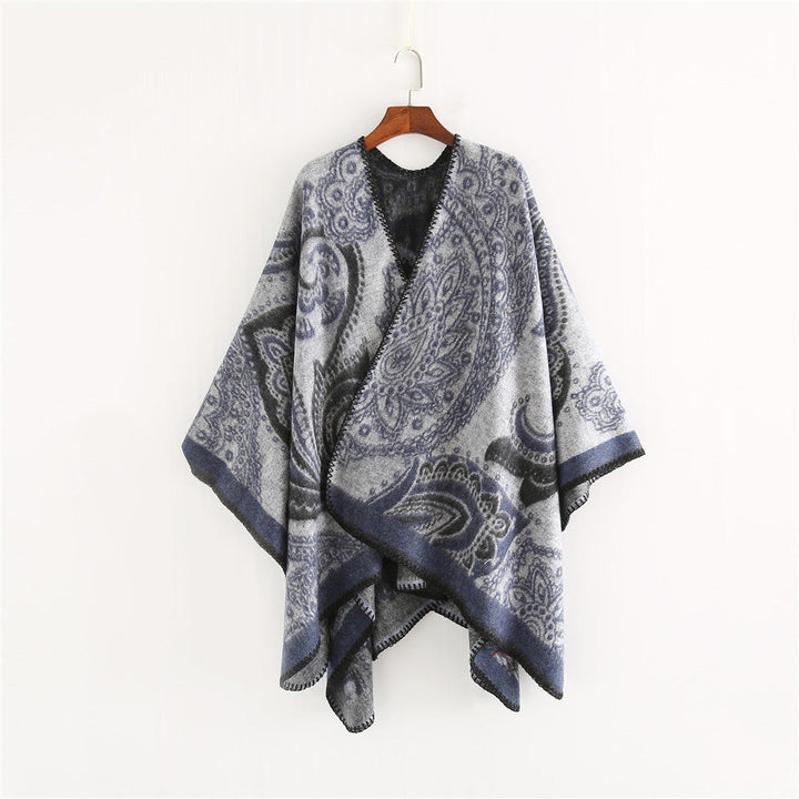 Dam Oversize Ruana Wrap med Paisley Jacquard och Decorative Stitch Edge