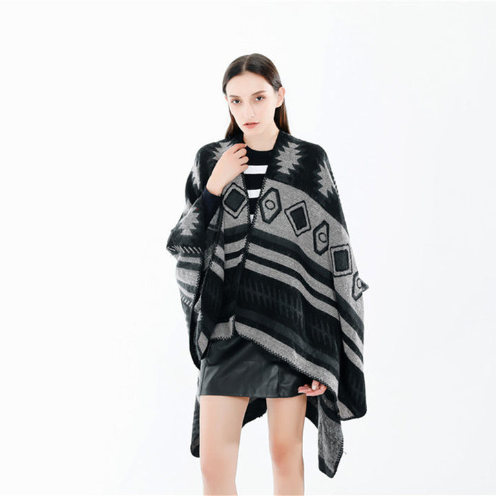 Dam Woven Jacquard Ruana poncho med Geometric Ethno mönster