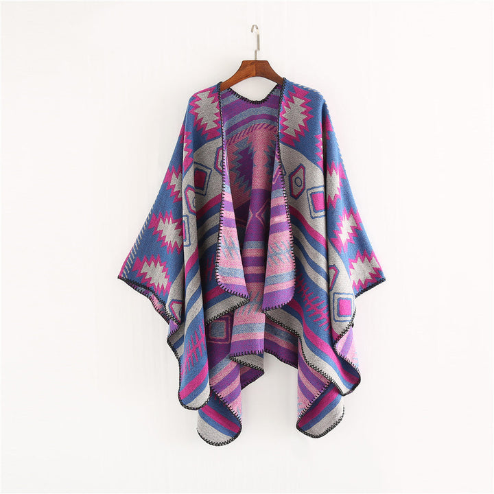 Dam Woven Jacquard Ruana poncho med Geometric Ethno mönster