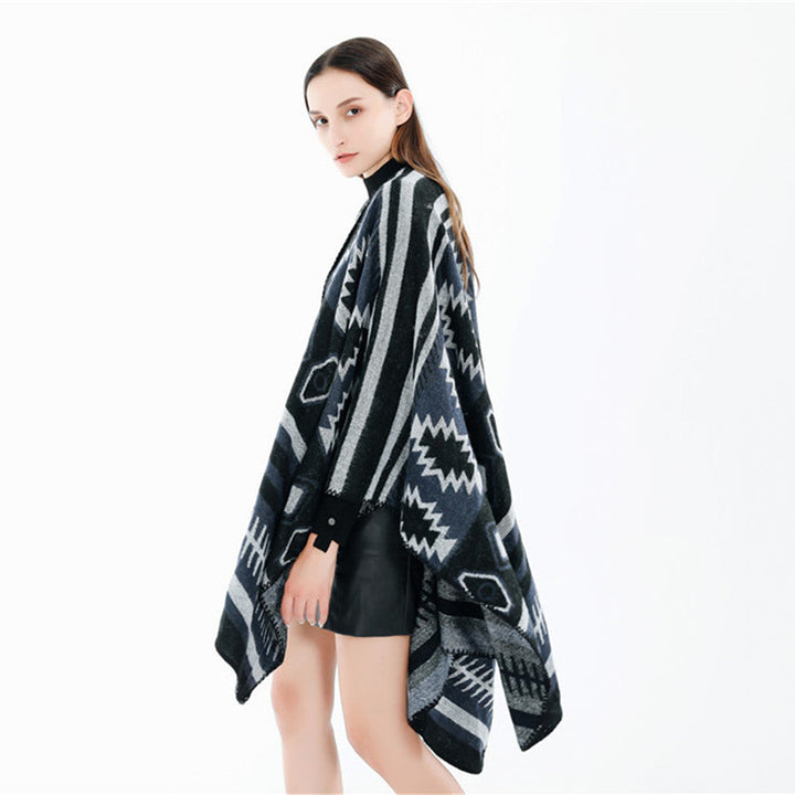 Dam Woven Jacquard Ruana poncho med Geometric Ethno mönster