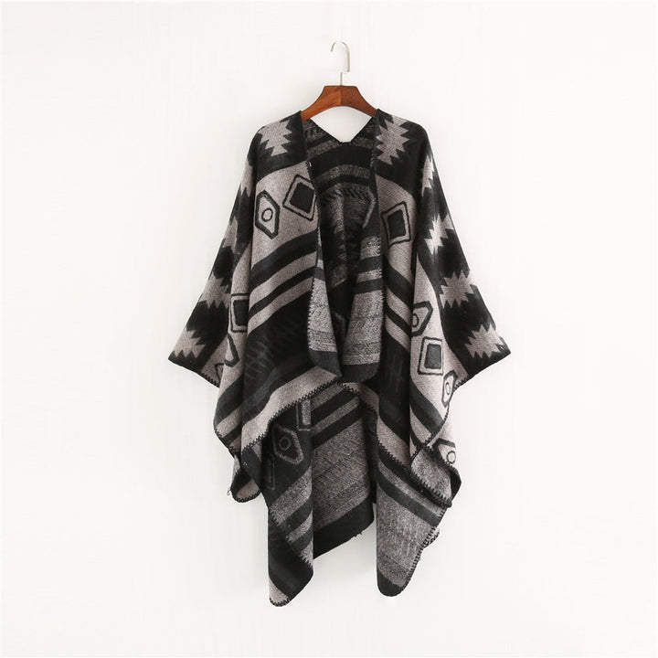 Dam Woven Jacquard Ruana poncho med Geometric Ethno mönster
