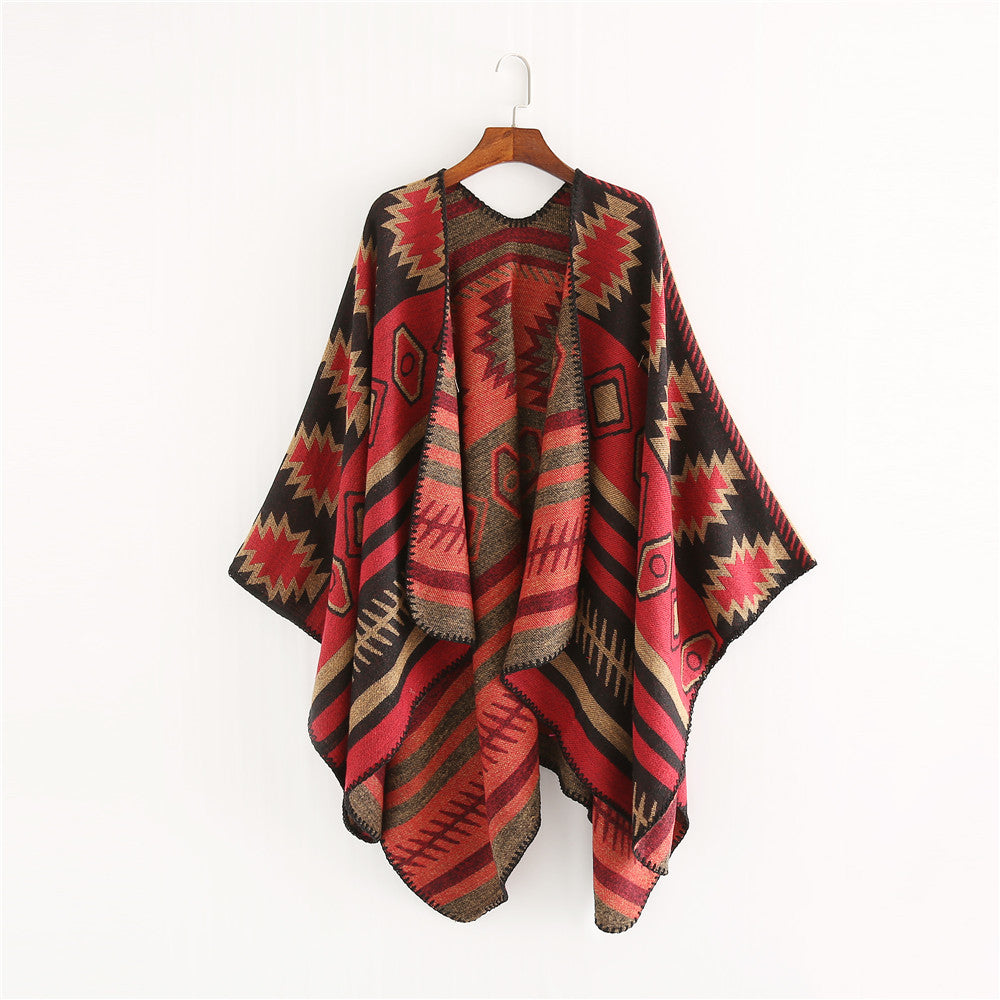 Dam Woven Jacquard Ruana poncho med Geometric Ethno mönster