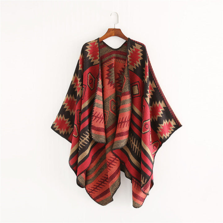 Dam Woven Jacquard Ruana poncho med Geometric Ethno mönster