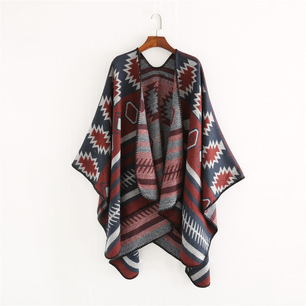 Dam Woven Jacquard Ruana poncho med Geometric Ethno mönster