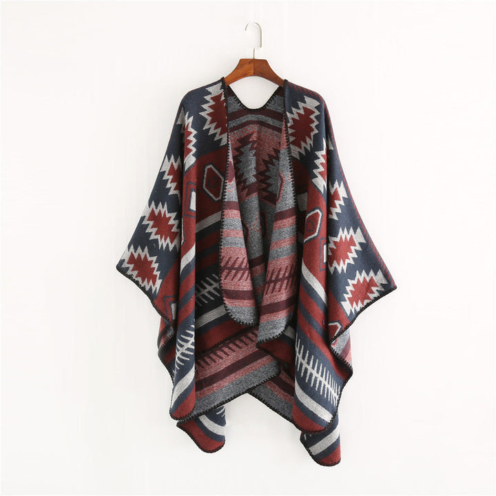 Dam Woven Jacquard Ruana poncho med Geometric Ethno mönster