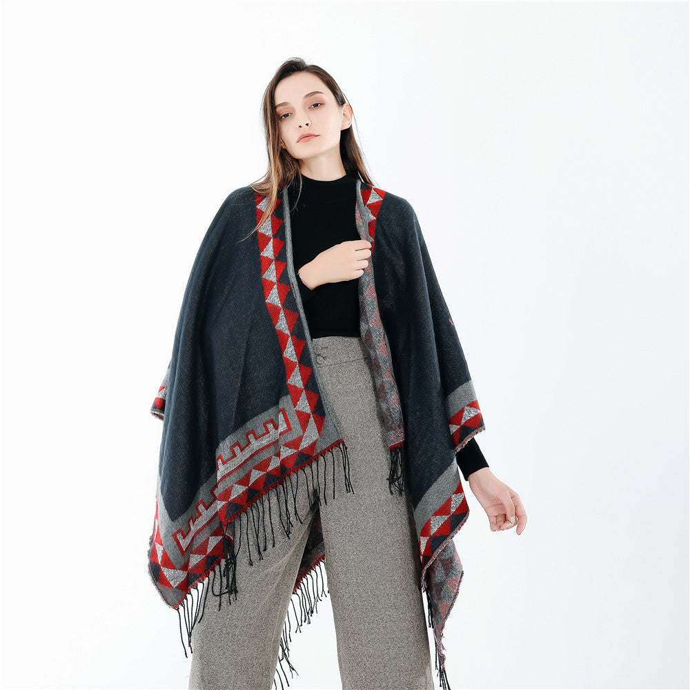 Dam Geometric ullblandning Wrap poncho med Fringes och kontrast Borders