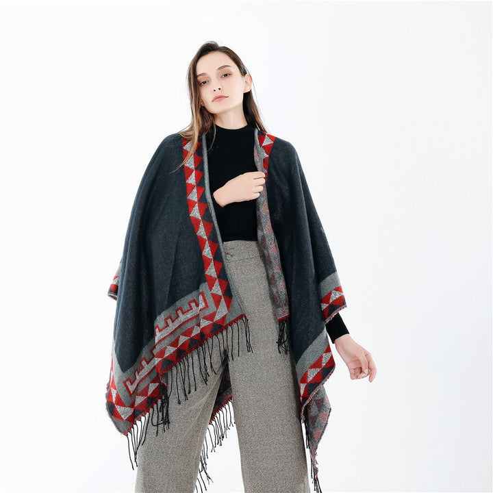 Dam Geometric ullblandning Wrap poncho med Fringes och kontrast Borders