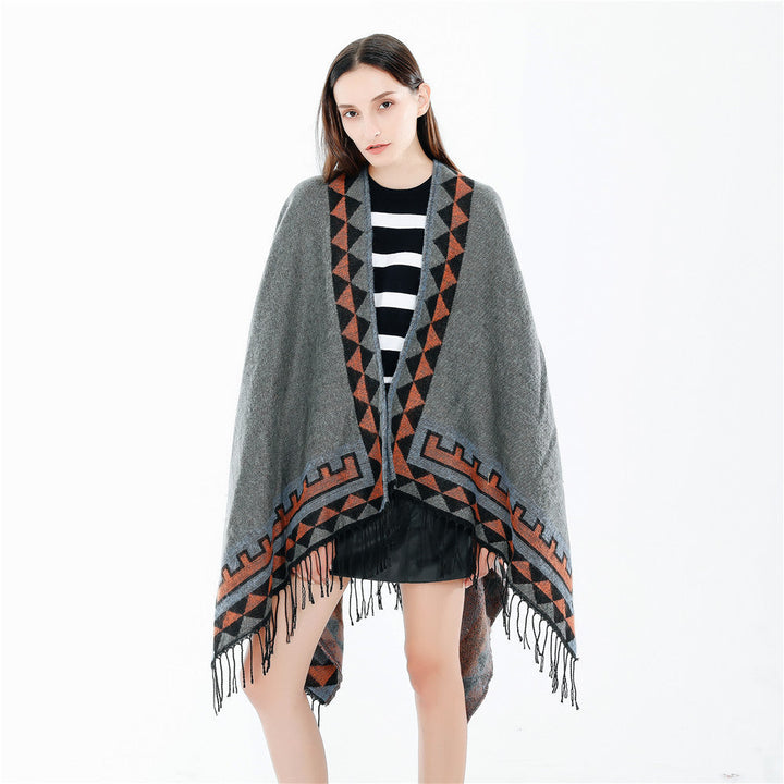 Dam Geometric ullblandning Wrap poncho med Fringes och kontrast Borders