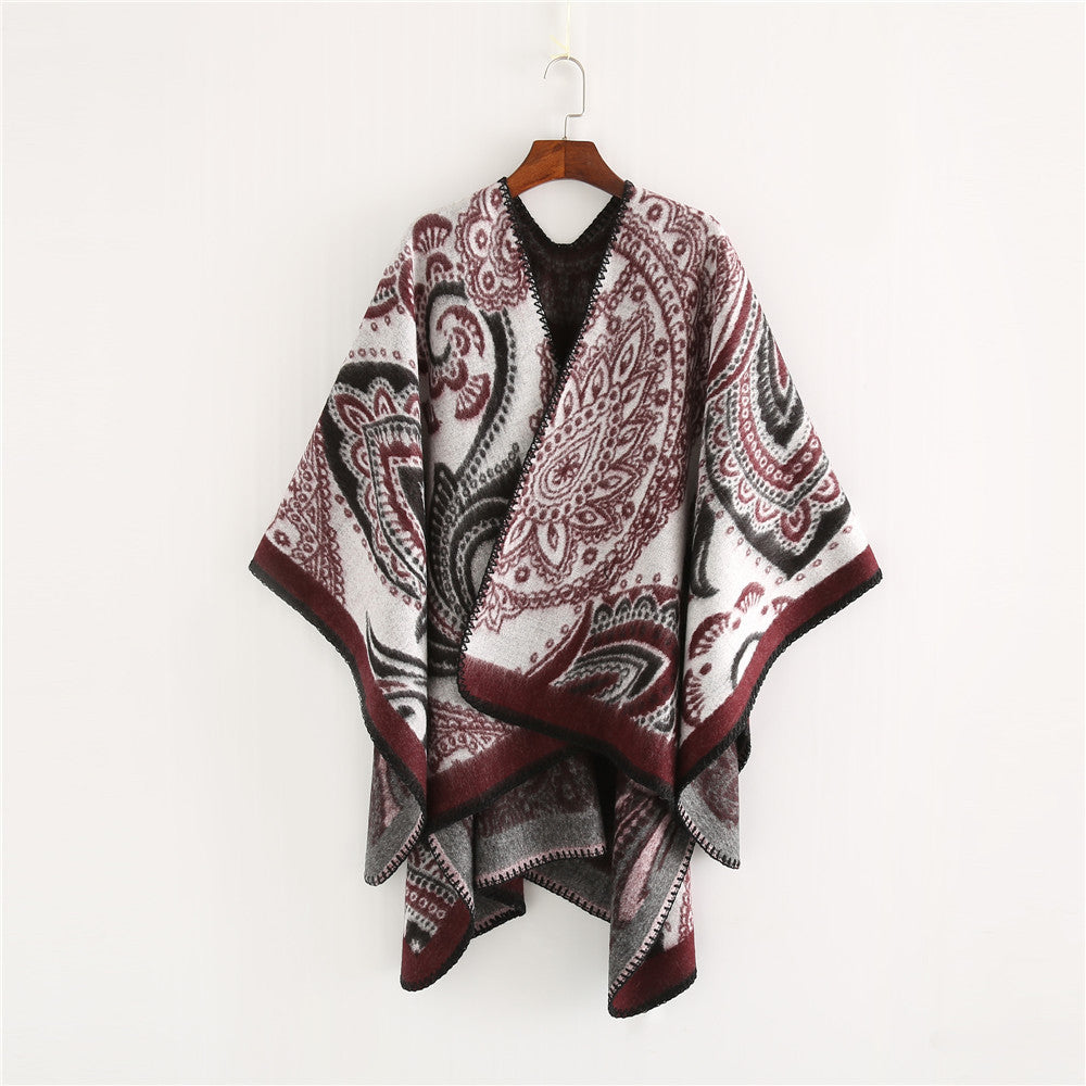 Dam Oversize Ruana Wrap med Paisley Jacquard och Decorative Stitch Edge
