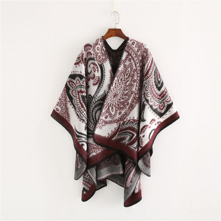 Dam Oversize Ruana Wrap med Paisley Jacquard och Decorative Stitch Edge