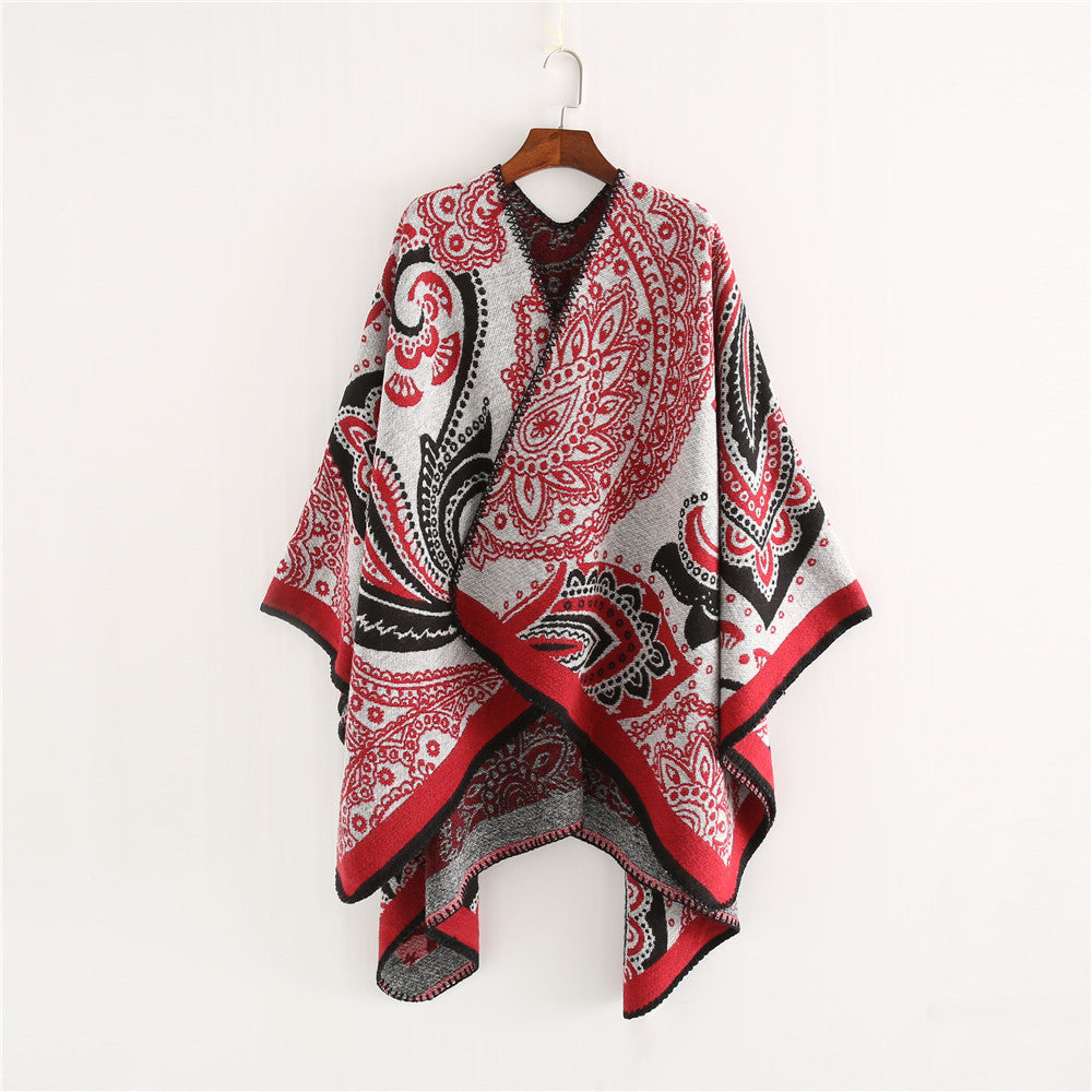 Dam Oversize Ruana Wrap med Paisley Jacquard och Decorative Stitch Edge