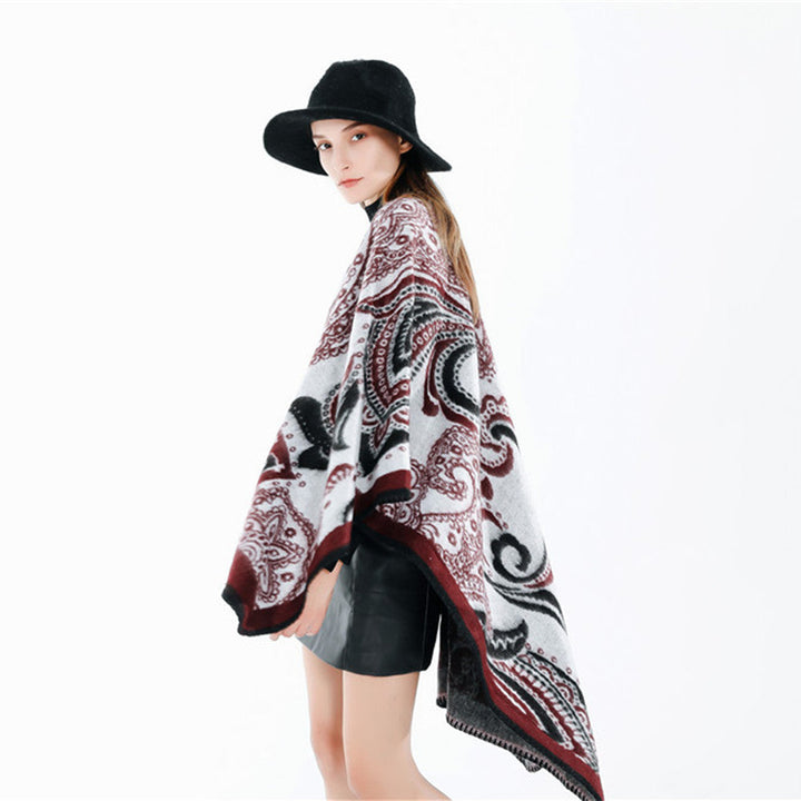 Dam Oversize Ruana Wrap med Paisley Jacquard och Decorative Stitch Edge