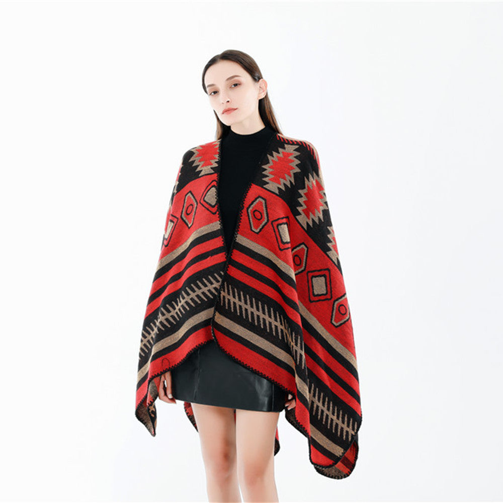 Dam Woven Jacquard Ruana poncho med Geometric Ethno mönster
