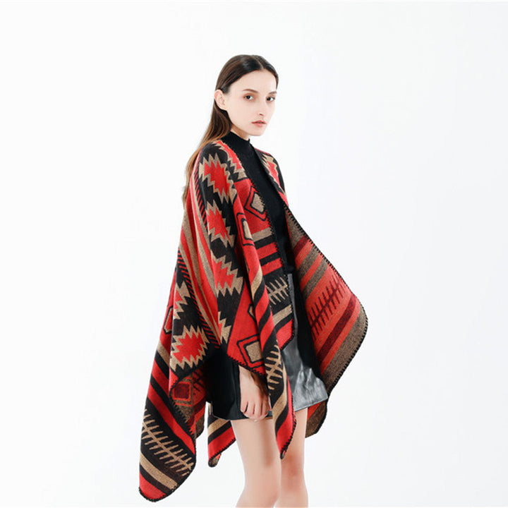 Dam Woven Jacquard Ruana poncho med Geometric Ethno mönster