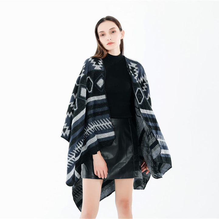 Dam Woven Jacquard Ruana poncho med Geometric Ethno mönster
