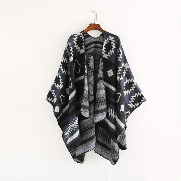 Dam Woven Jacquard Ruana poncho med Geometric Ethno mönster