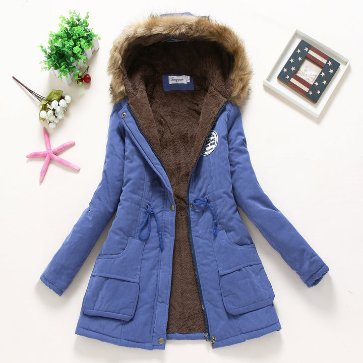 Dam vadderad vinter parka med mjuk fleece innerfoder, huva kant tillverkad av faux fur och adjustable drawstring