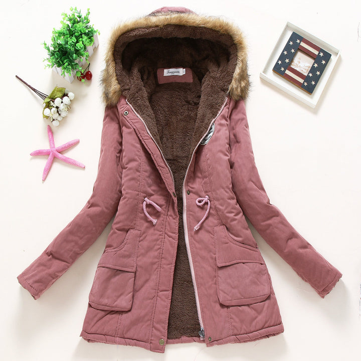 Dam vadderad vinter parka med mjuk fleece innerfoder, huva kant tillverkad av faux fur och adjustable drawstring