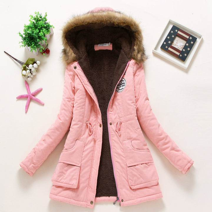 Dam vadderad vinter parka med mjuk fleece innerfoder, huva kant tillverkad av faux fur och adjustable drawstring