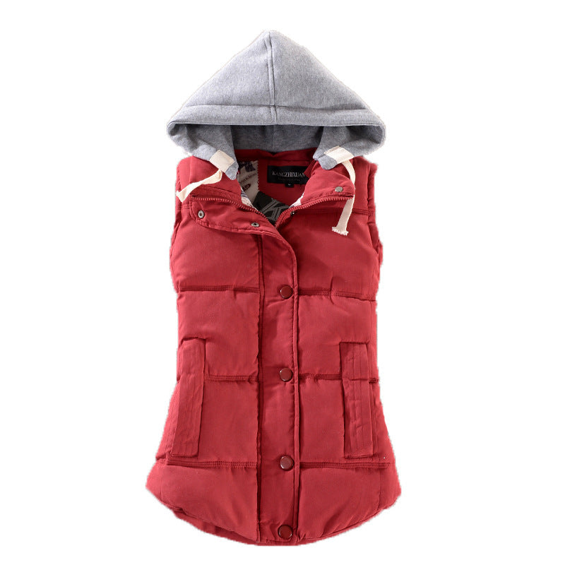 Dam Figurnära Quiltad Sleeveless Termisk Väst med Contrasting Huva