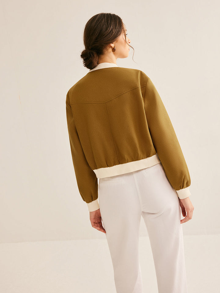 | Crew Neck Kontrast Trim Knapp Jacka
