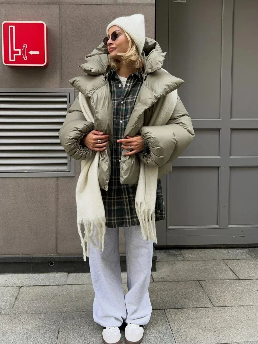 | Dam vinter pufferjacka med huva och oversize Stil