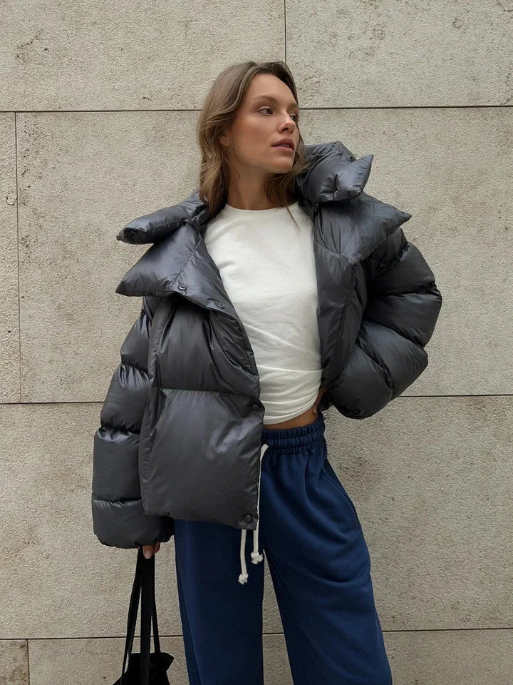| Dam vinter pufferjacka med huva och oversize Stil