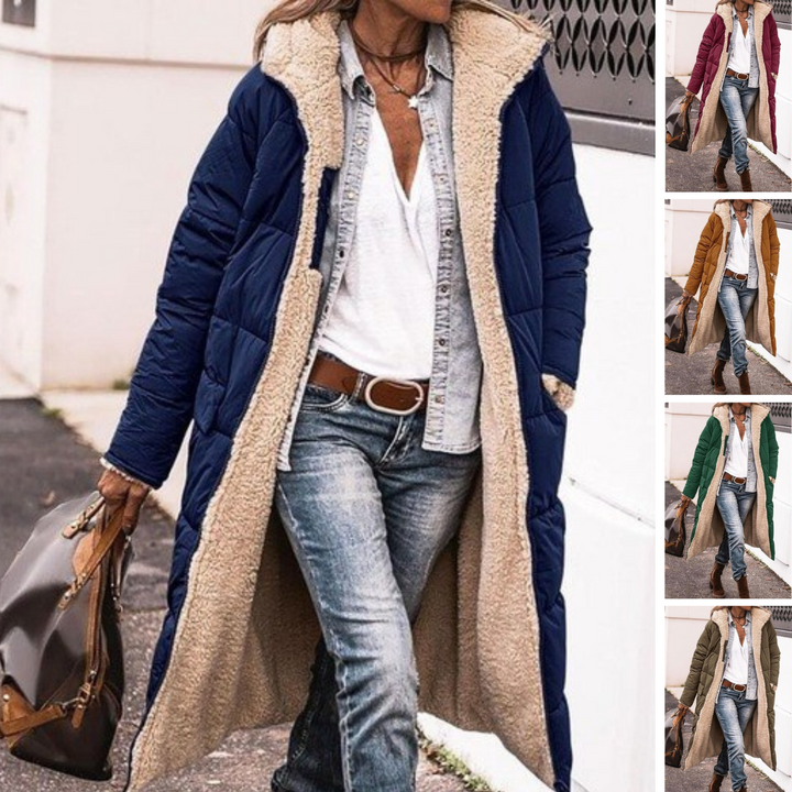 | Reversible lång sherpa pufferjacka (med huva)