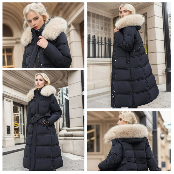 | Lång vinterjacka Puffer Design Fusk Päls Huva skräddad Belt värm och Insulating