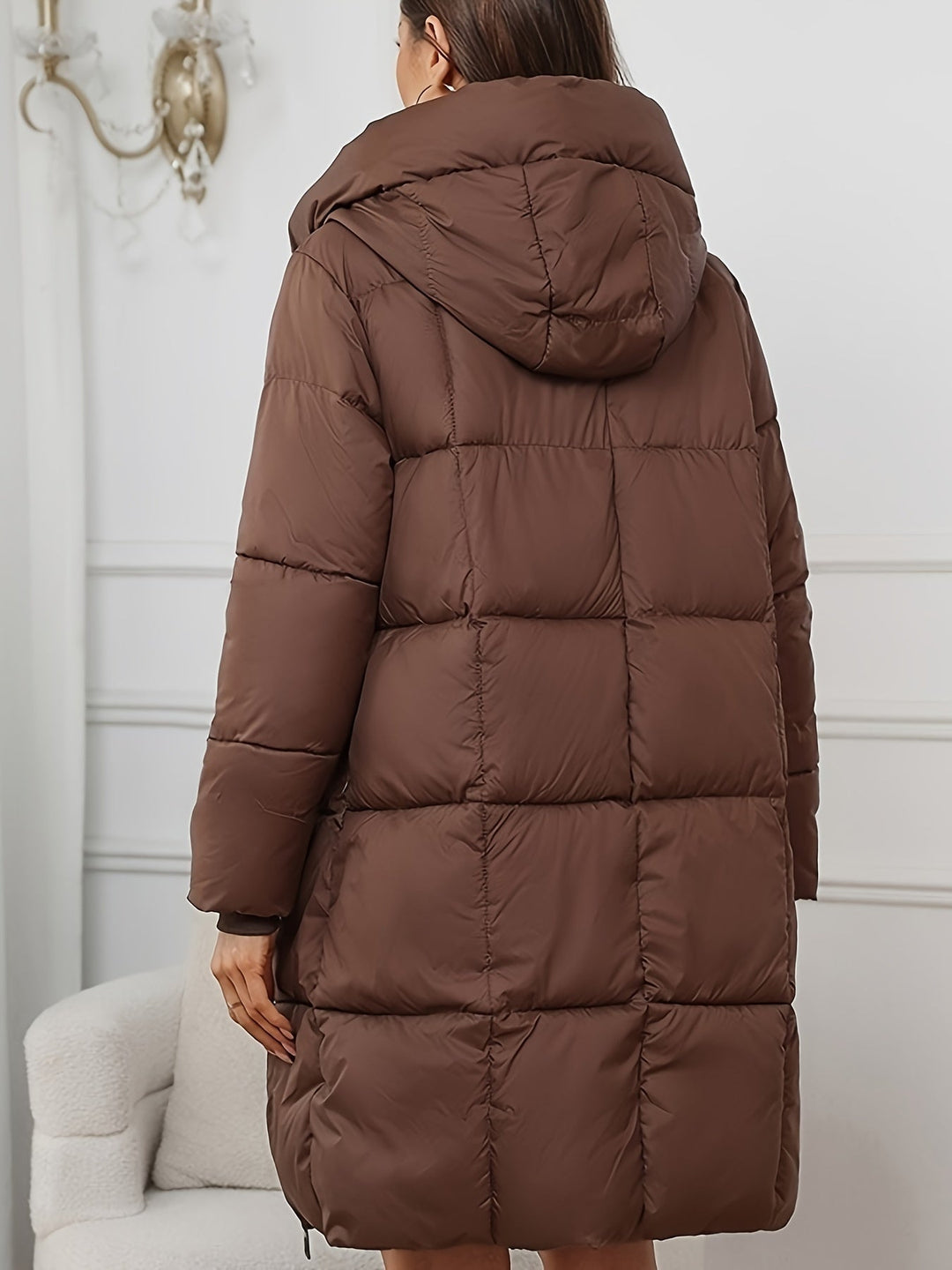 | Dam Mid-Length vadderad pufferjacka med huva och Fickor