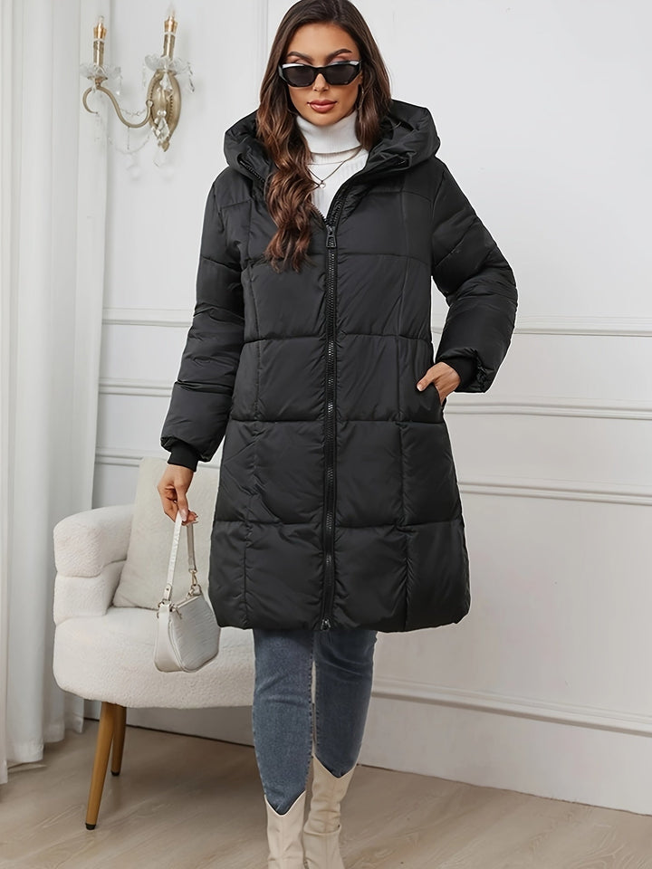 | Dam Mid-Length vadderad pufferjacka med huva och Fickor