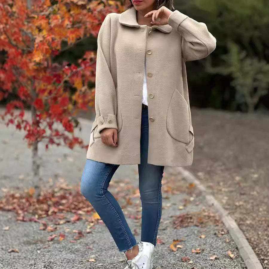 | Dam oversize Jacka med Large Fickor och Knapp Detaljer