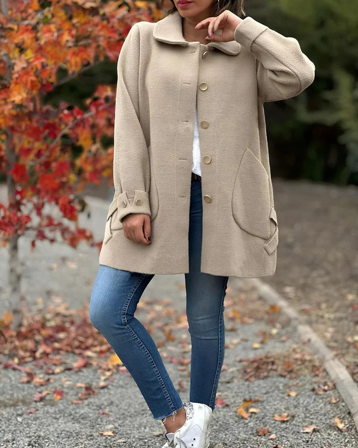 | Dam oversize Jacka med Large Fickor och Knapp Detaljer