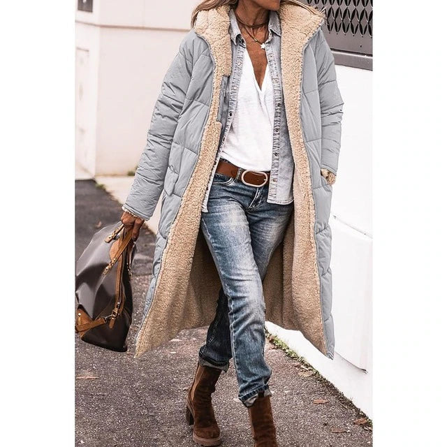 | Reversible lång sherpa pufferjacka (med huva)