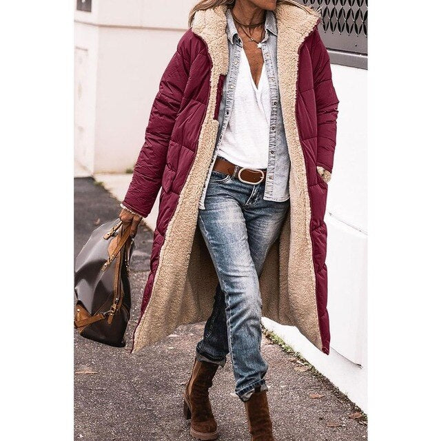 | Reversible lång sherpa pufferjacka (med huva)