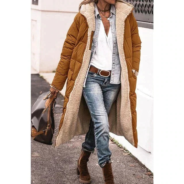 | Reversible lång sherpa pufferjacka (med huva)