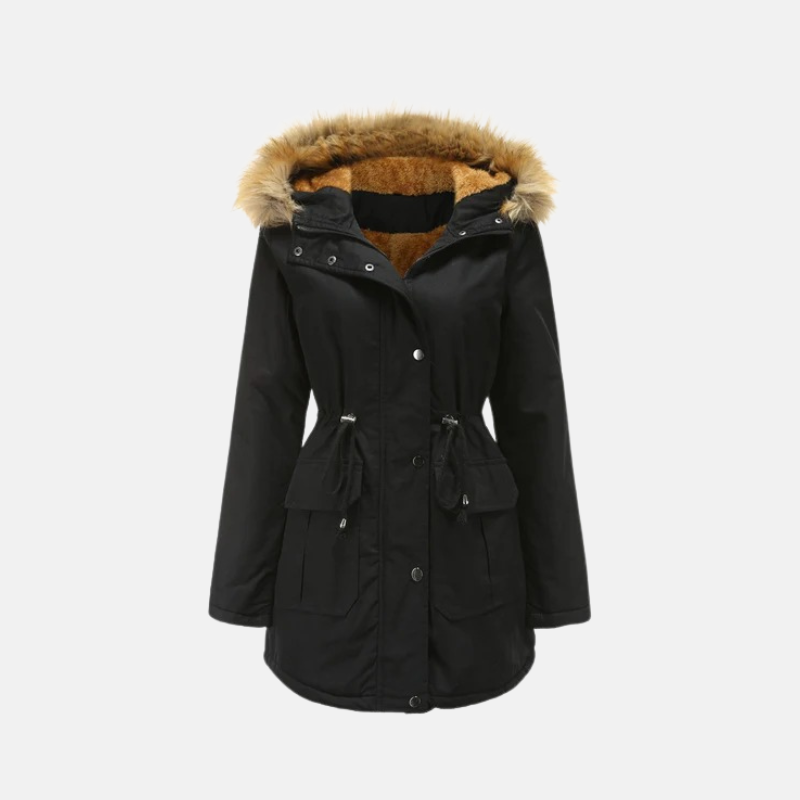 | Dam parka vinterjacka med fleecefoder och fusk päls huva