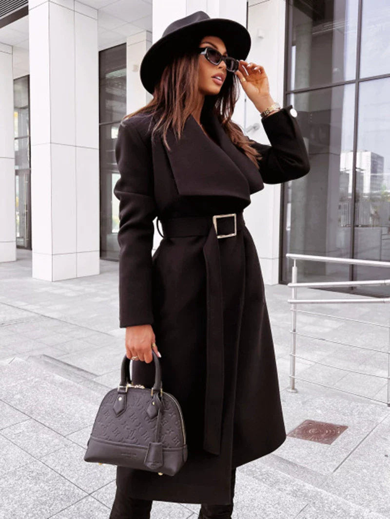 | Dam Lång Jacka med Belt och Draped Lapel i Ull Look