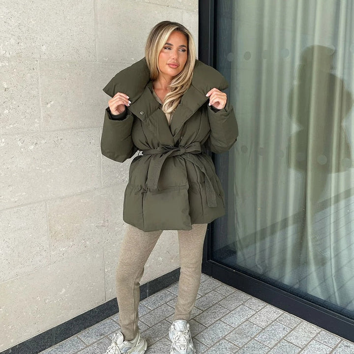 | Dam Thick vinterjacka med Belt och Hög Krage