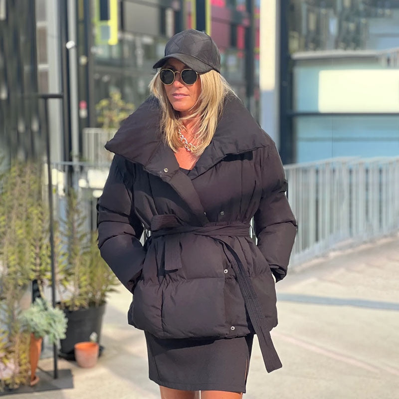| Dam Thick vinterjacka med Belt och Hög Krage