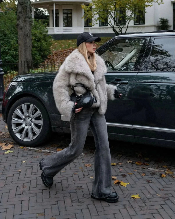 | Dam Fake Päls Jacka med Large Krage och Långa ärmar