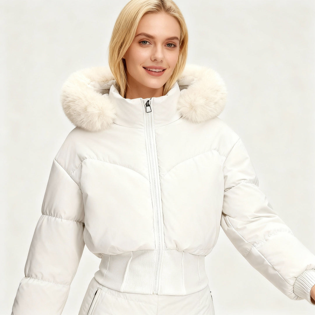 | Dam Cropped Ner Jacka med avtagbar huva och Fusk Päls Trim