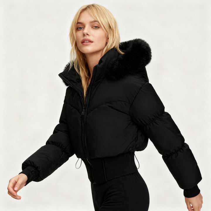 | Dam Cropped Ner Jacka med avtagbar huva och Fusk Päls Trim